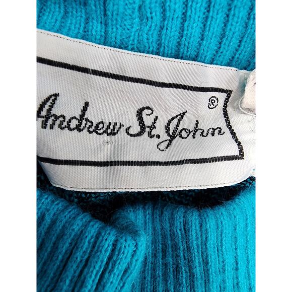Vintage Andrew St. John Mock Neck Pullover Sweater Size L Blue Black Geometric - Picture 3 of 8